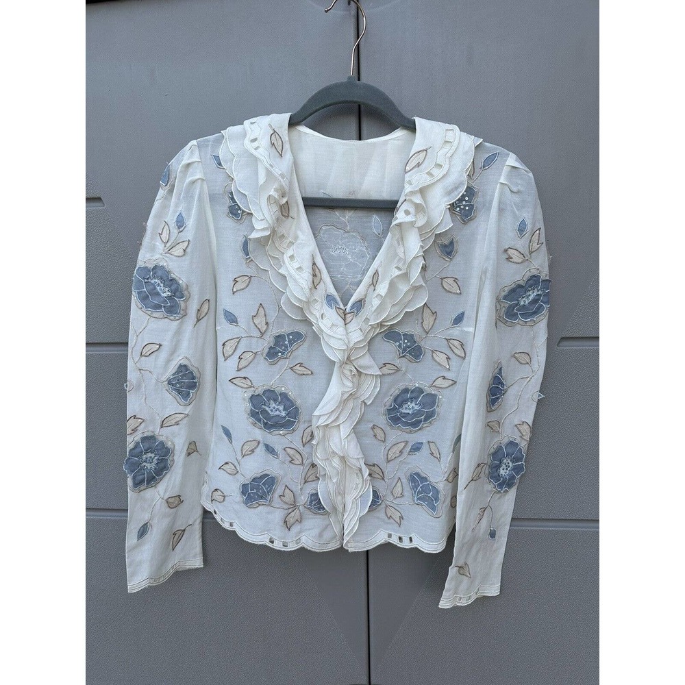 Vintage Handmade ruffles blouse with Embroidery Appliqués Sz S ( Please read)